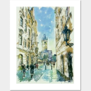 Side View of the Old Town City Hall Prague Watercolor Streetscape Posters and Art